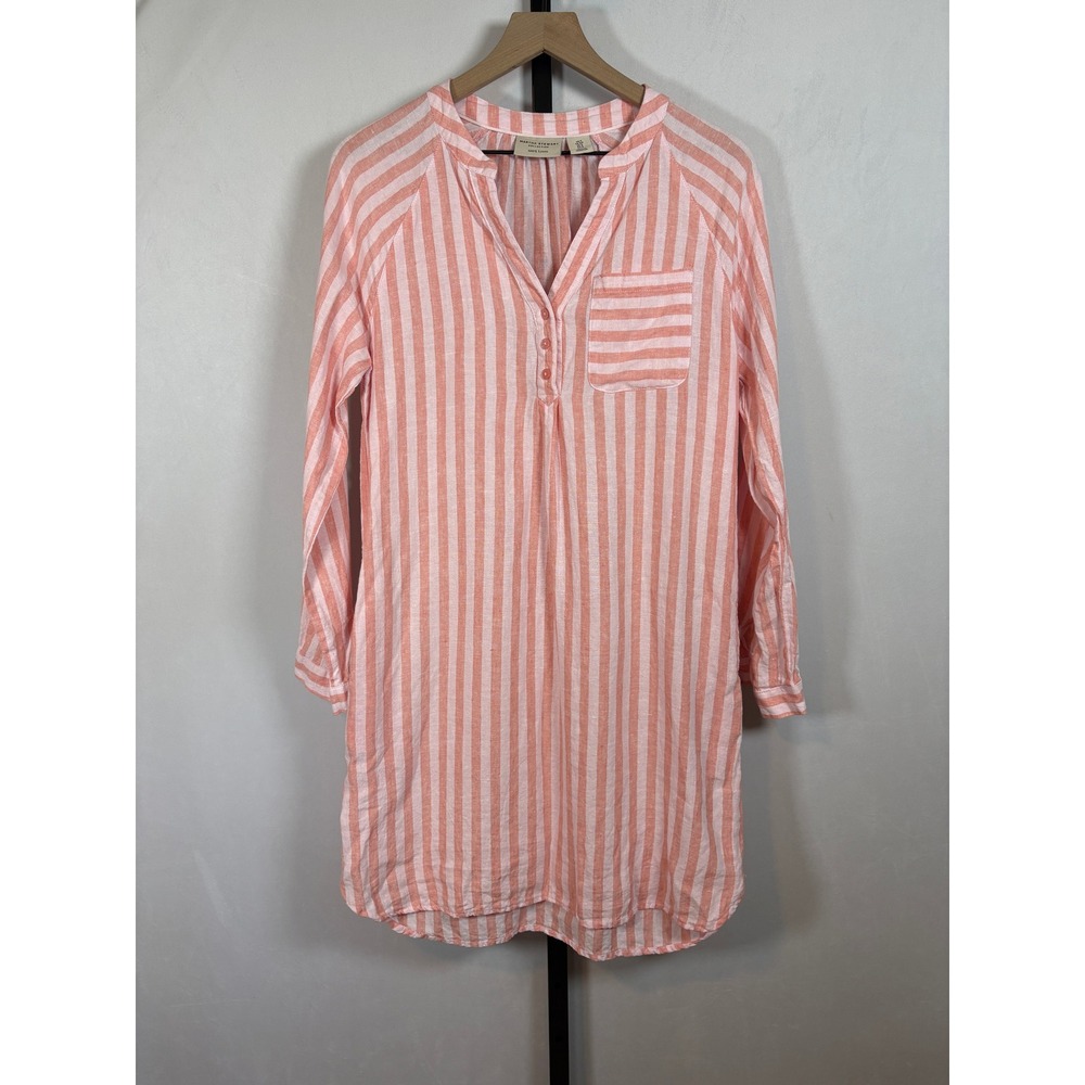 Martha Stewart Linen Dress Womens Small Peach White Striped Pockets Coastal